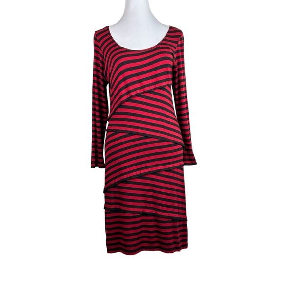 Max Studio Knit Dress Red Navy Blue Stripe Bandeau Panels Stretchy Size M - Picture 1 of 9